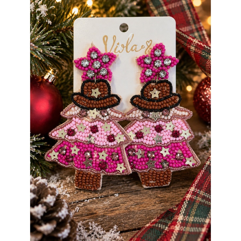 Pink Christmas Tree Seed Bead Earrings Cowboy Hat Western Rhinestone